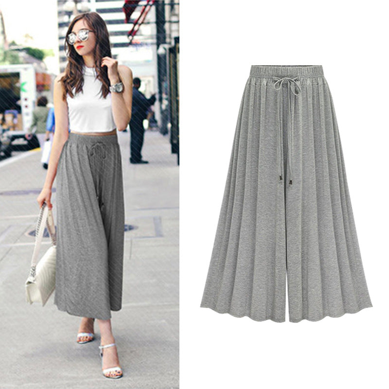 Summer Wide Leg Cropped Pants Elastic Lace Up / M - 6XL