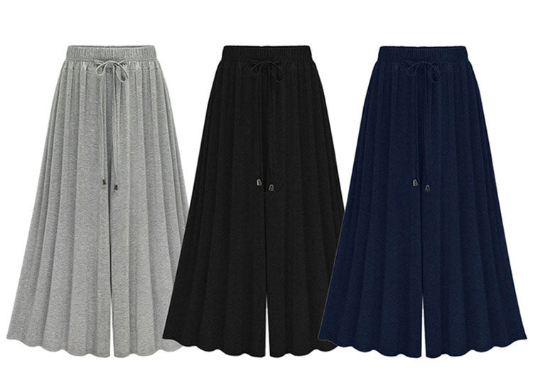 Summer Wide Leg Cropped Pants Elastic Lace Up / M - 6XL