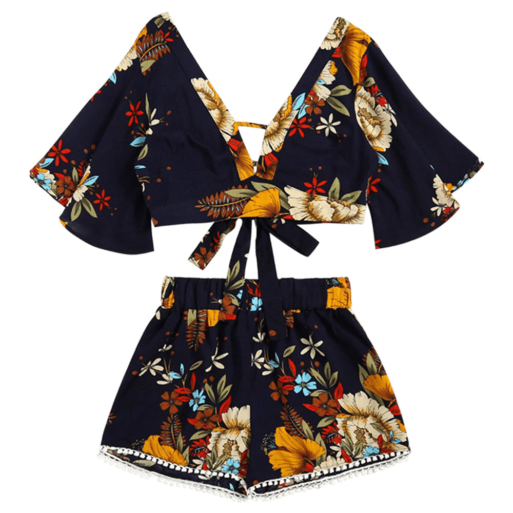 Floral Neck Cropped Top / High Waisted Lace shorts