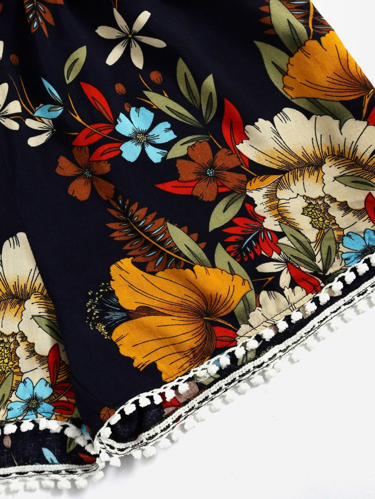 Floral Neck Cropped Top / High Waisted Lace shorts