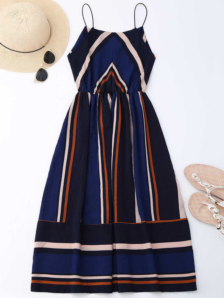 Midi Aline Spaghetti strap Casual Striped Beach Dress