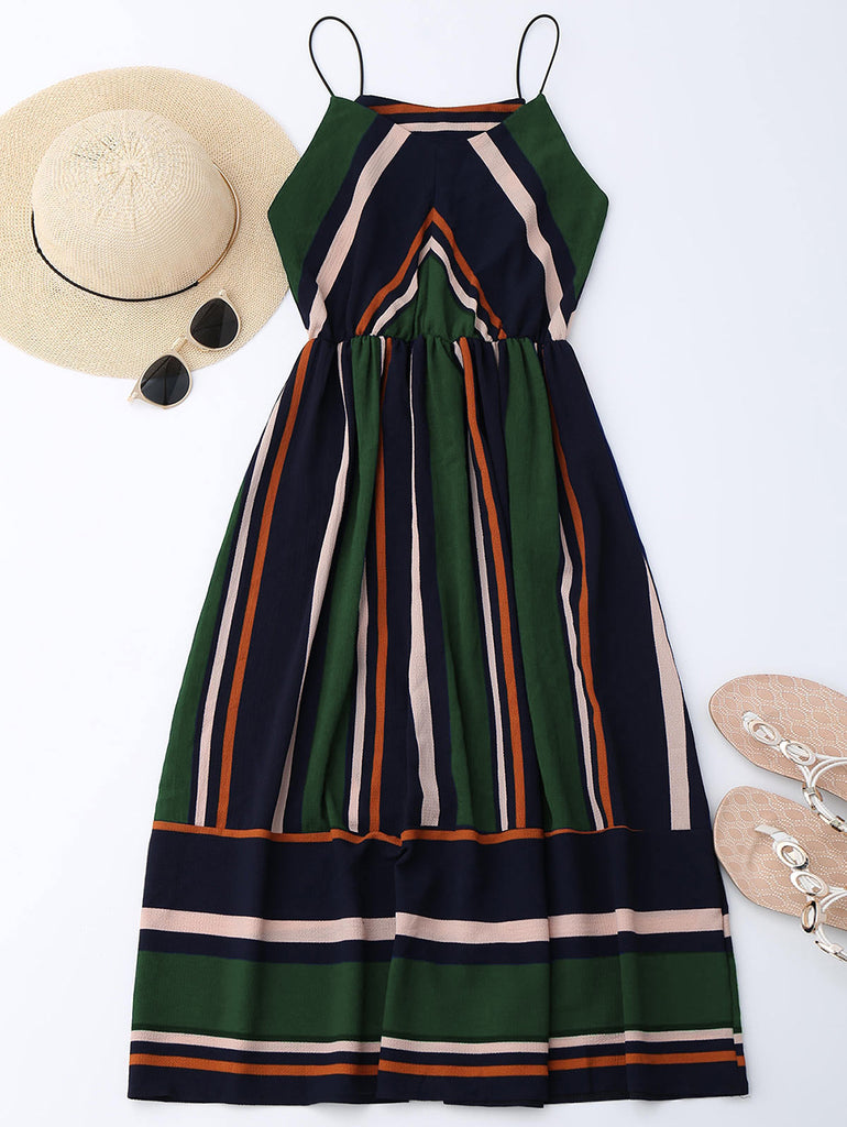 Midi Aline Spaghetti strap Casual Striped Beach Dress
