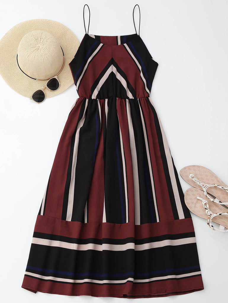 Midi Aline Spaghetti strap Casual Striped Beach Dress