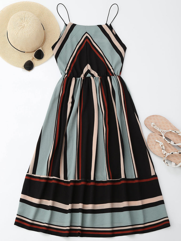 Midi Aline Spaghetti strap Casual Striped Beach Dress