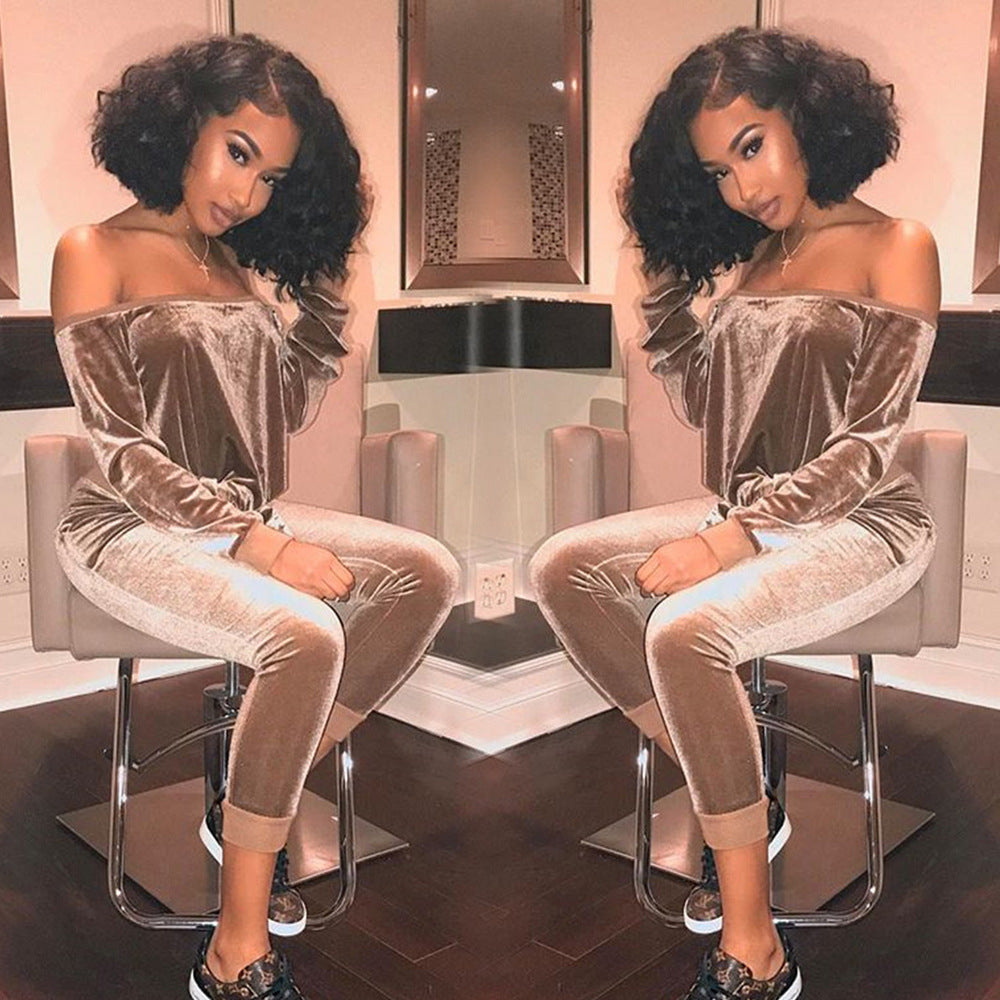 Boho Chic Off The Shoulder Velvet Jumpsuit Champagne