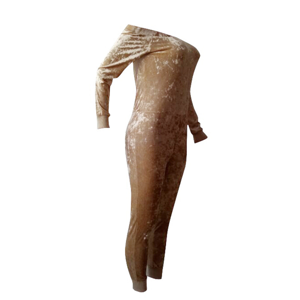 Boho Chic Off The Shoulder Velvet Jumpsuit Champagne