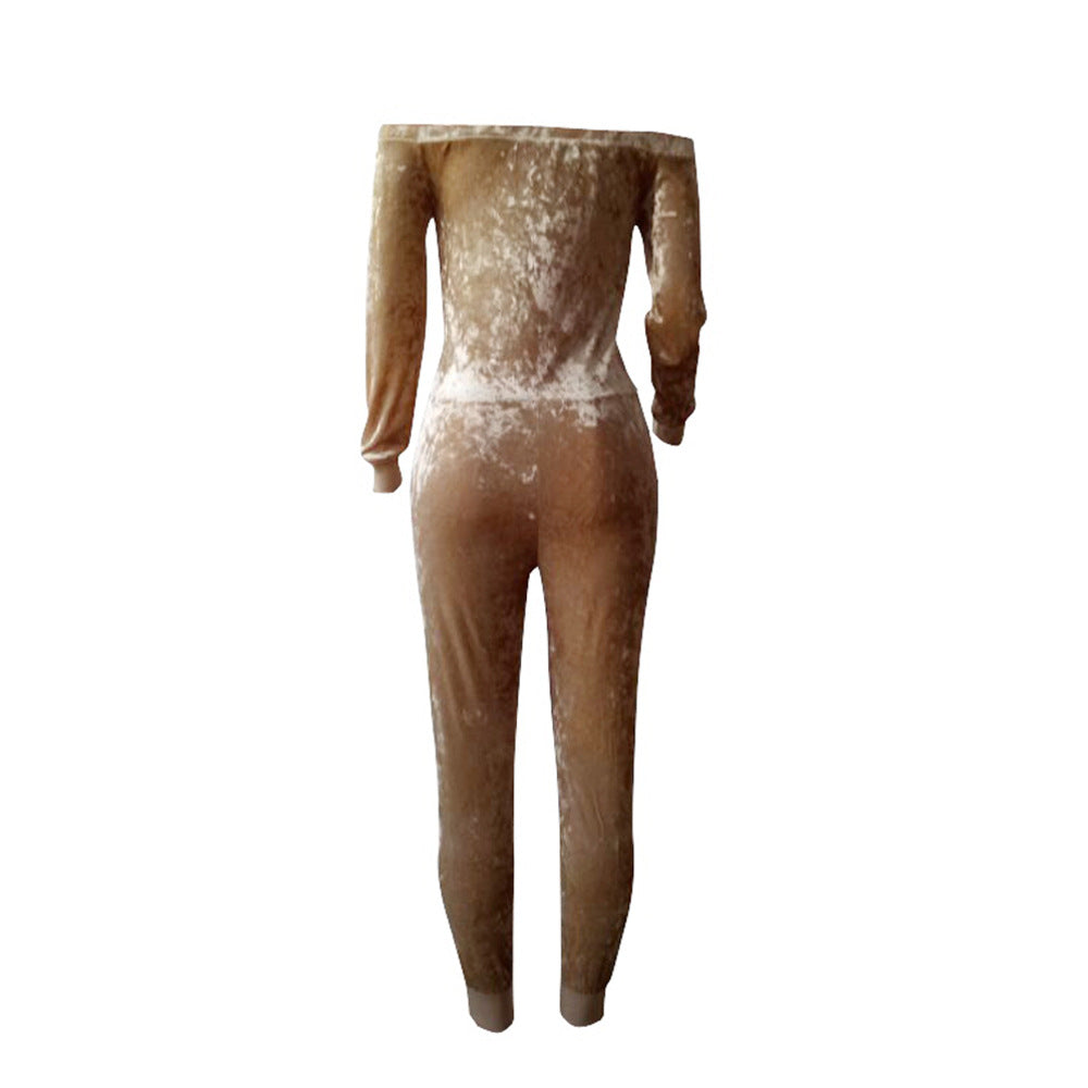 Boho Chic Off The Shoulder Velvet Jumpsuit Champagne
