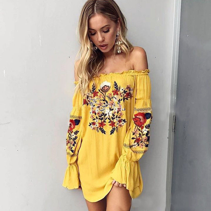 Off the Shoulder Floral Embroidery Long Flare Sleeve Mini Dress