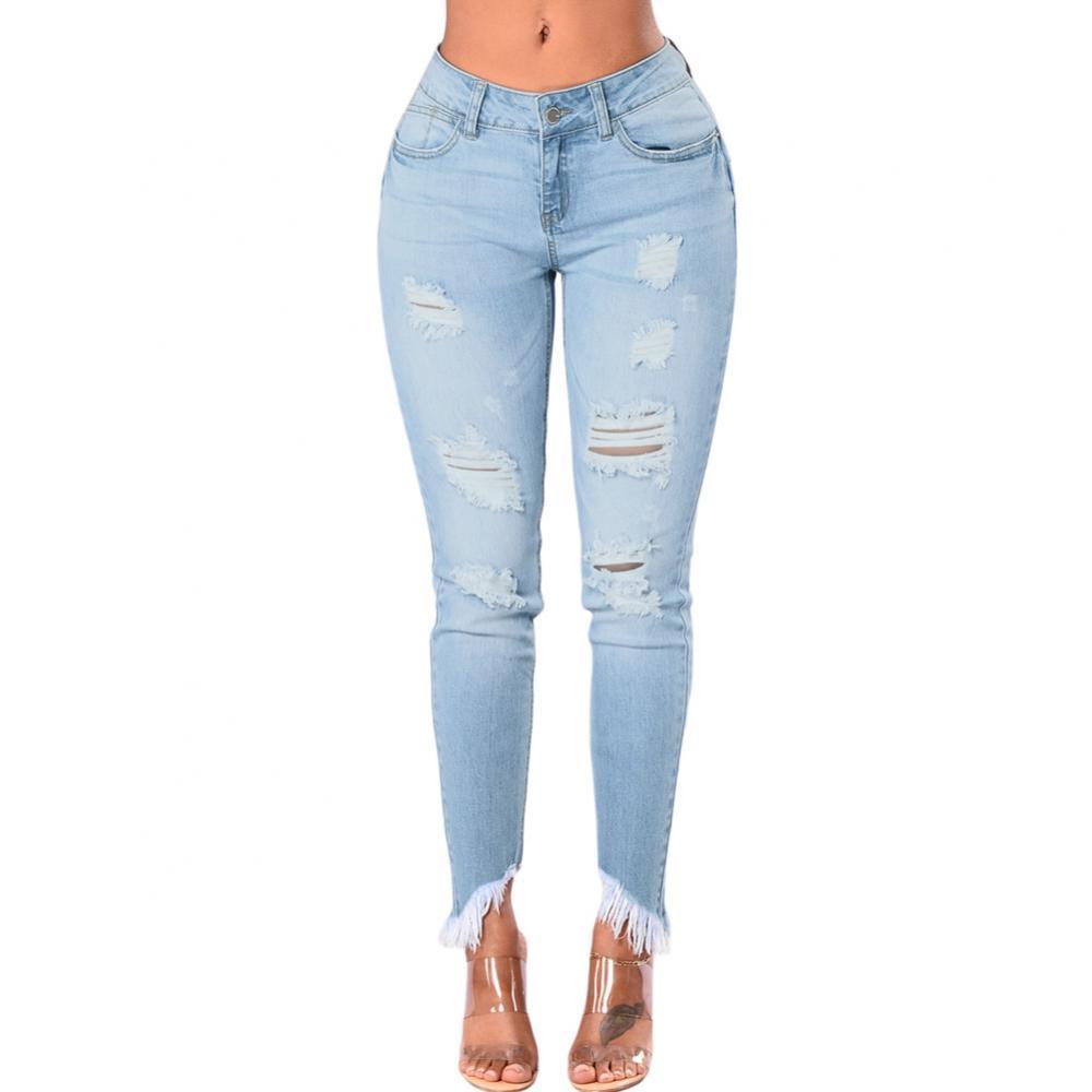 Frayed Hem Ripped Stretchy Jeans