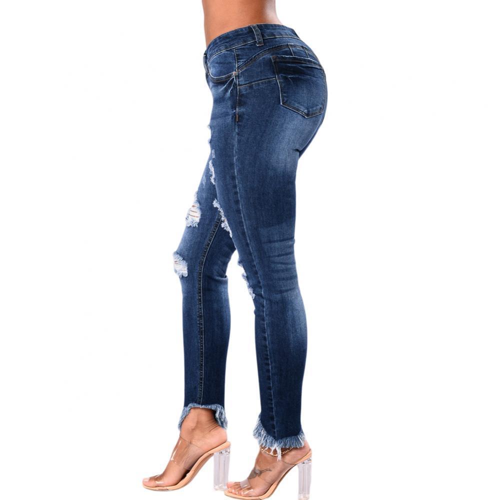 Frayed Hem Ripped Stretchy Jeans