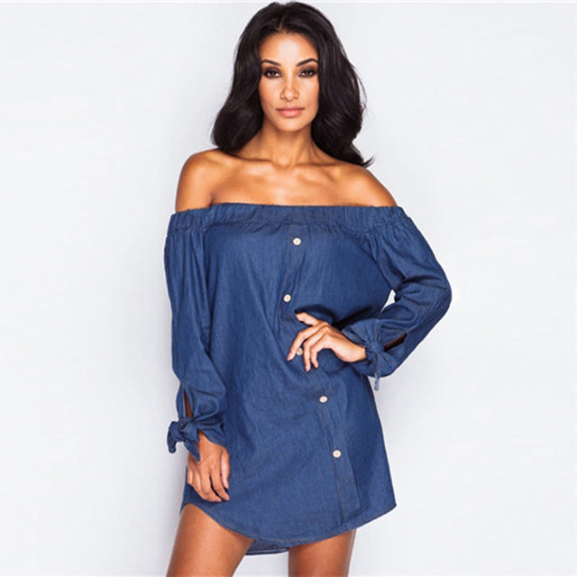 womens Sundress Solid Bow Long Sleeve Mini Beach Dress
