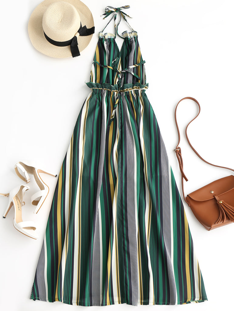 Vacation Striped Ruffled Backless Halter Maxi Dress