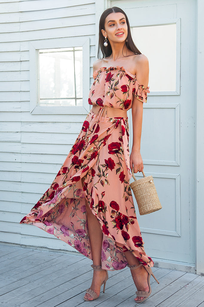 Off the shoulder ruffle two piece summer beach set