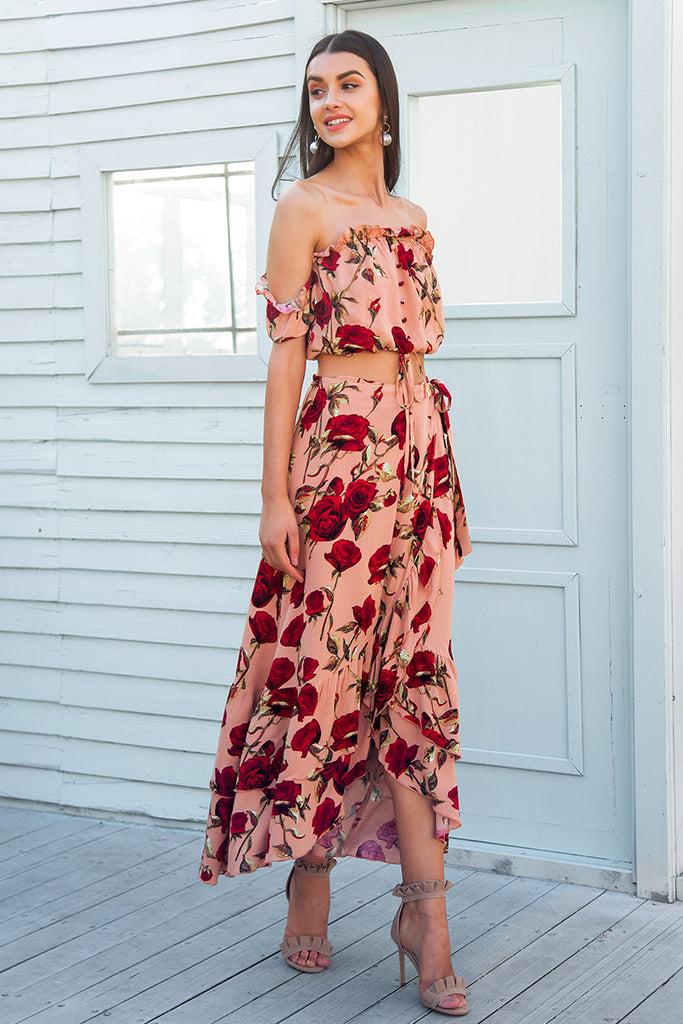 Off the shoulder ruffle two piece summer beach set