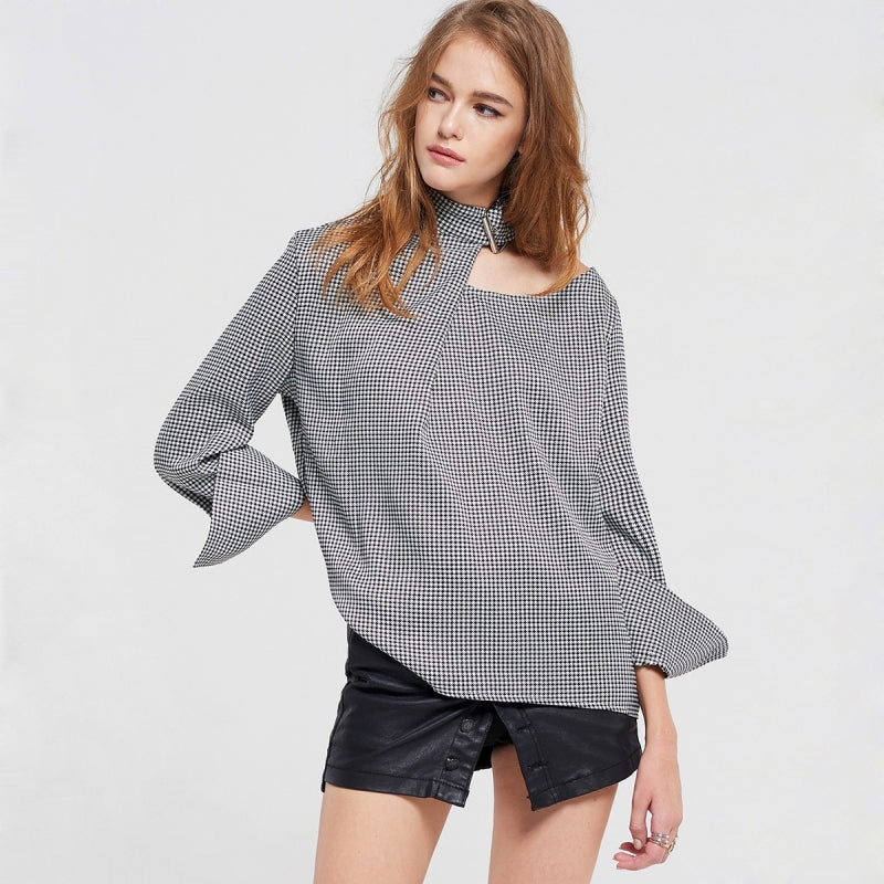 off the shoulder casual cotton Fashionable long sleeve plaid shirt