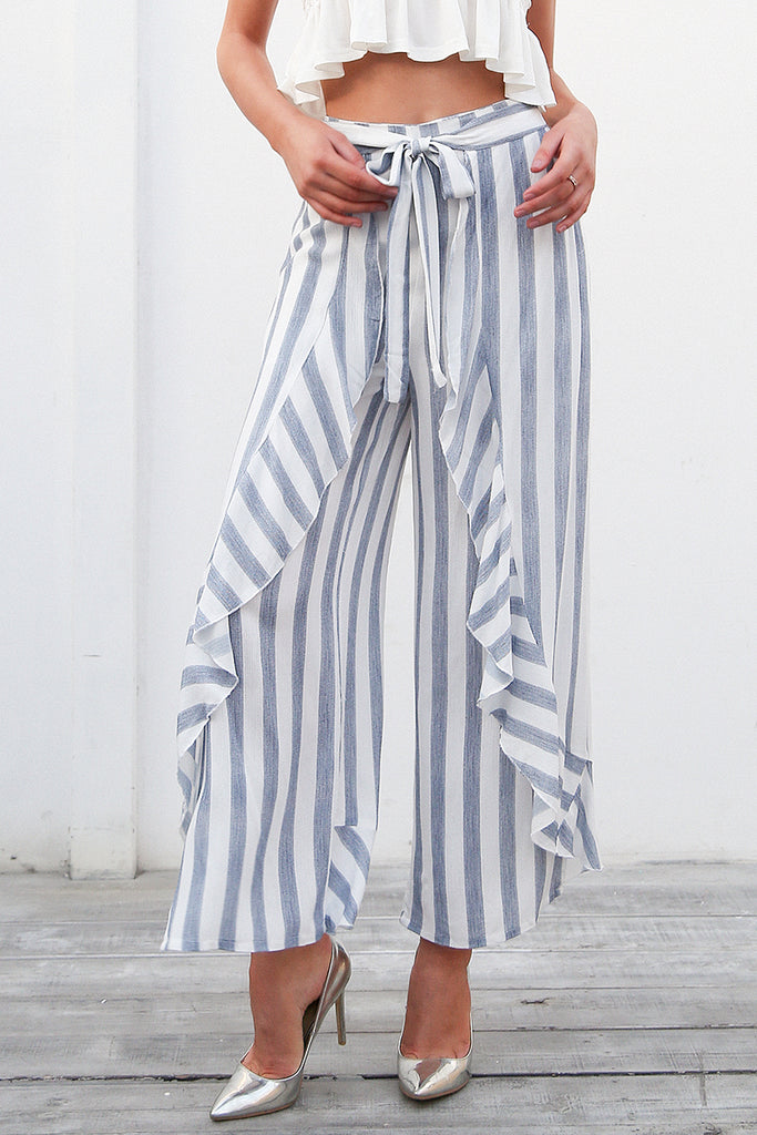 Sassy beach ruffle striped High waist casual trousers