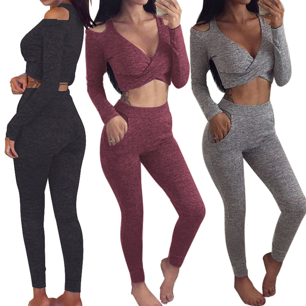 Fashionable Womens Long Sleeve V-neck Leggings Two Piece Set