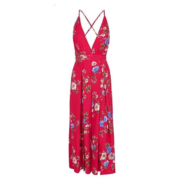 Board Walk Spring v neck backless Floral jumpsuit