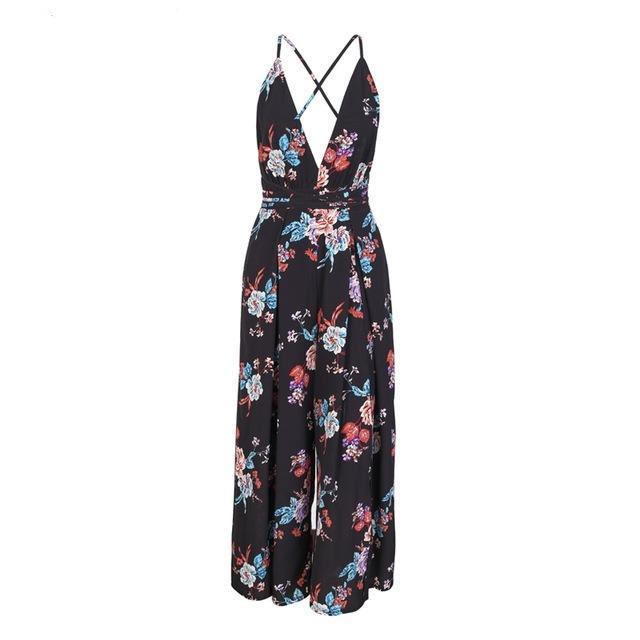 Board Walk Spring v neck backless Floral jumpsuit