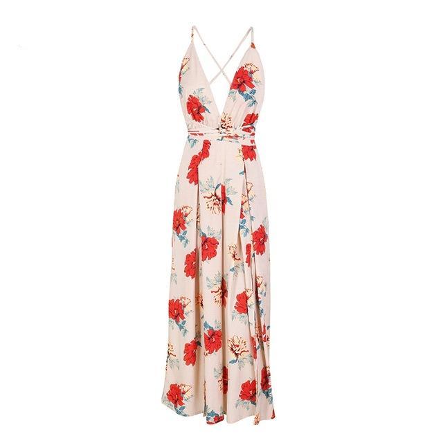 Board Walk Spring v neck backless Floral jumpsuit