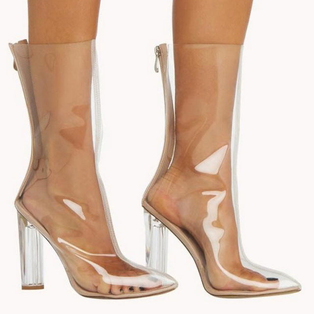 Pointed Toe Crystal Heel Transparent Women Boots Mid Calf