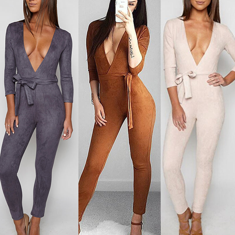 Women's Sexy Long Sleeve V-Neck Bodycon Jumpsuit