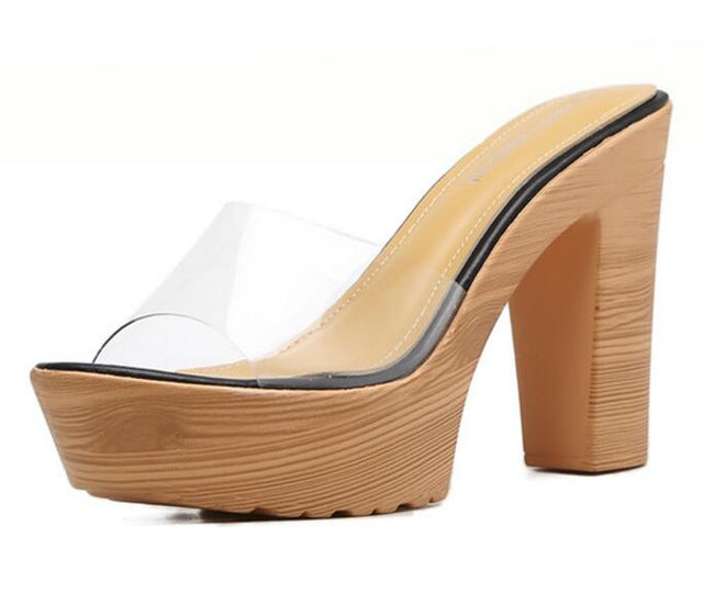 Stylish Clear Transparent Thick High Heels Platform Slipper