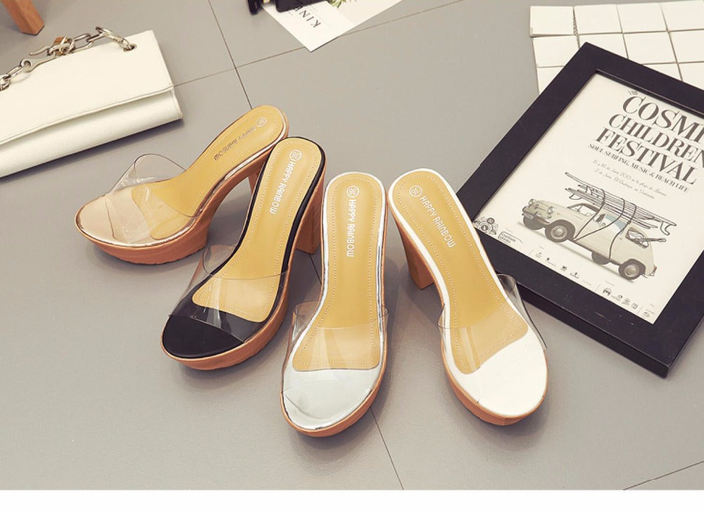 Stylish Clear Transparent Thick High Heels Platform Slipper