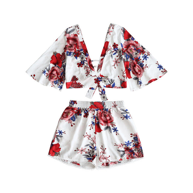 Floral Neck Cropped Top / High Waisted Lace shorts