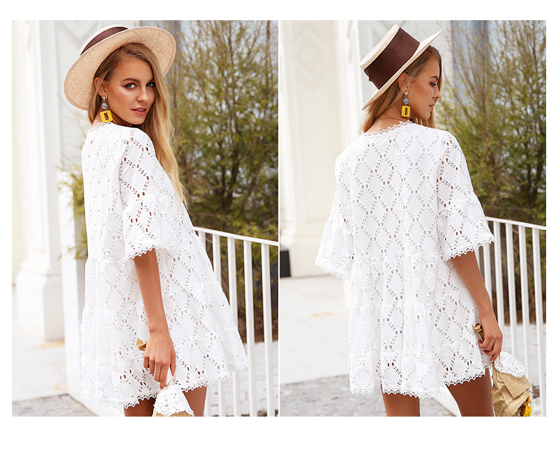 Hollow cotton white lace Flare sleeve dress / One Size