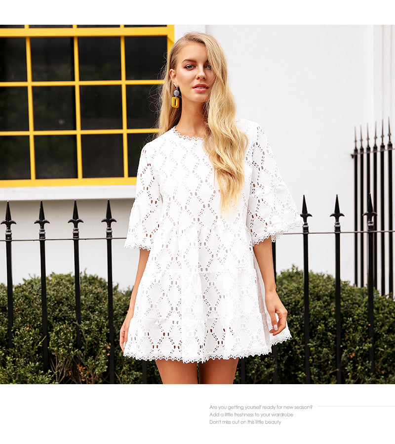 Hollow cotton white lace Flare sleeve dress / One Size