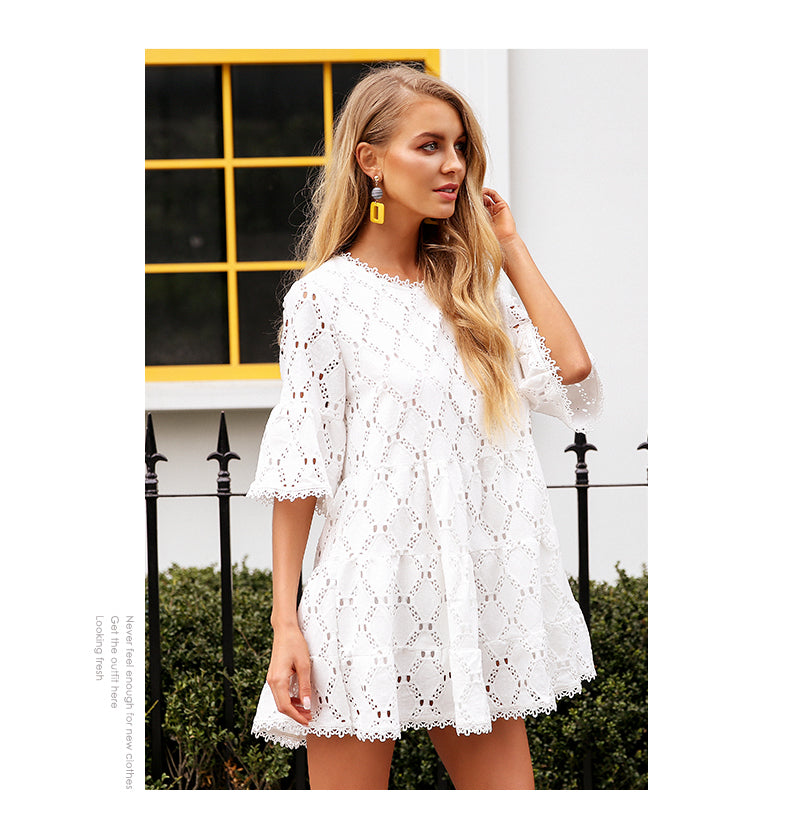 Hollow cotton white lace Flare sleeve dress / One Size