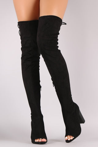 Suede Drawstring-Tie Chunky Heeled Over-The-Knee Boots