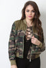 Camouflage Print Zipped Up Colorblock Bomber Jacket
