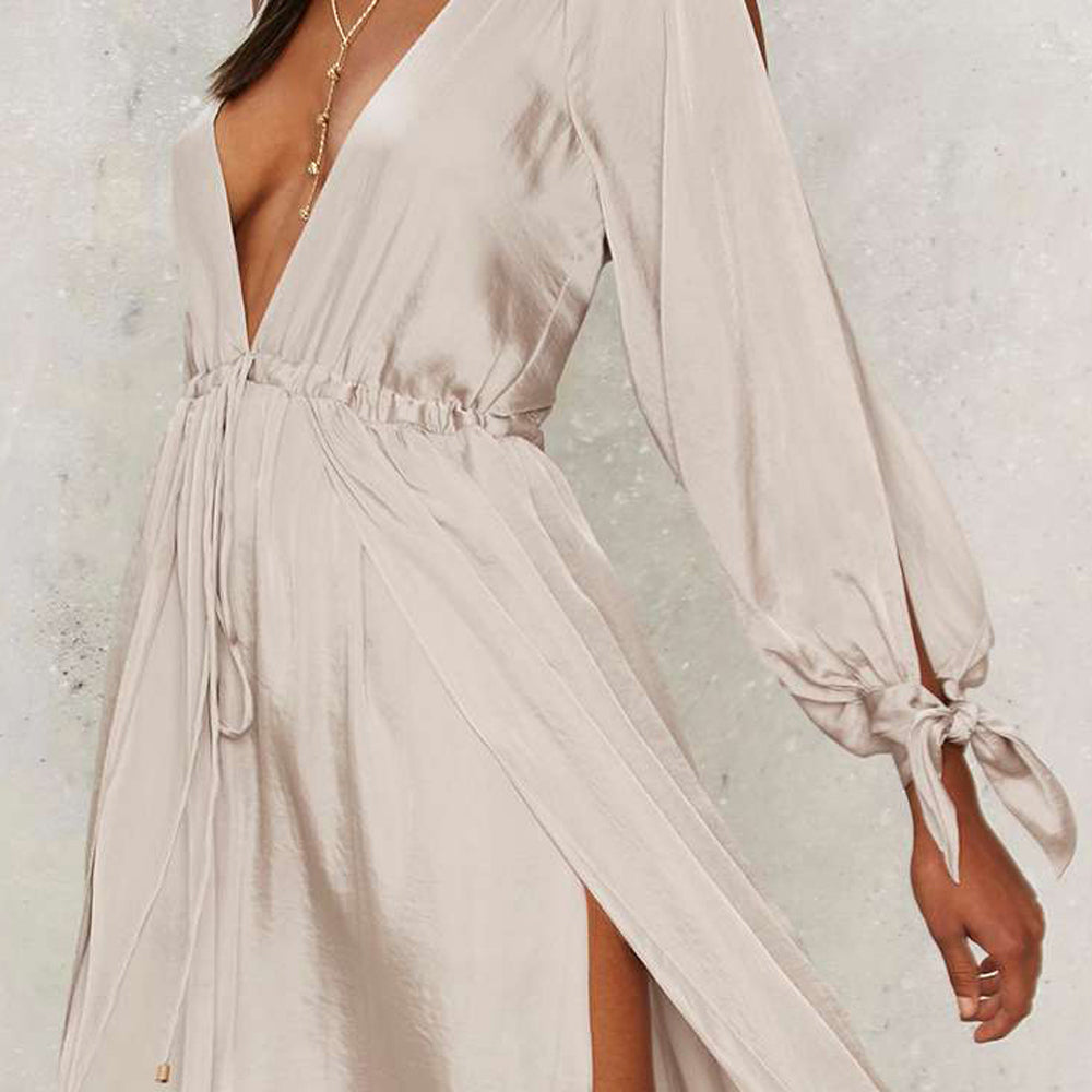Elegant Cold Shoulder Party Plunge Long Sleeve Maxi Dress