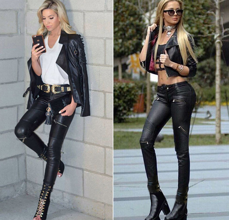 Sexy Women Faux Leather Bodycon Black Stretch  Zipper Pants