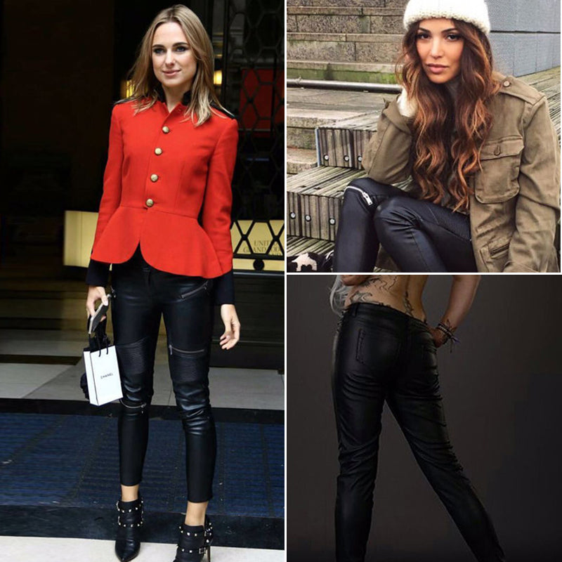 Sexy Women Faux Leather Bodycon Black Stretch  Zipper Pants