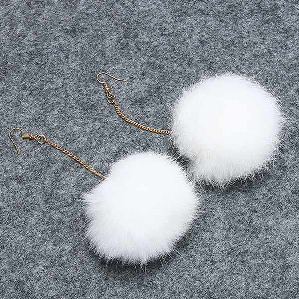 Trendy Long Large Fur Pom Pom Ball Earrings