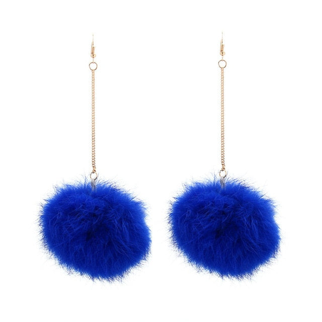 Trendy Long Large Fur Pom Pom Ball Earrings