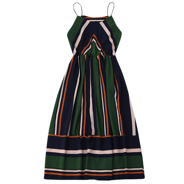 Midi Aline Spaghetti strap Casual Striped Beach Dress