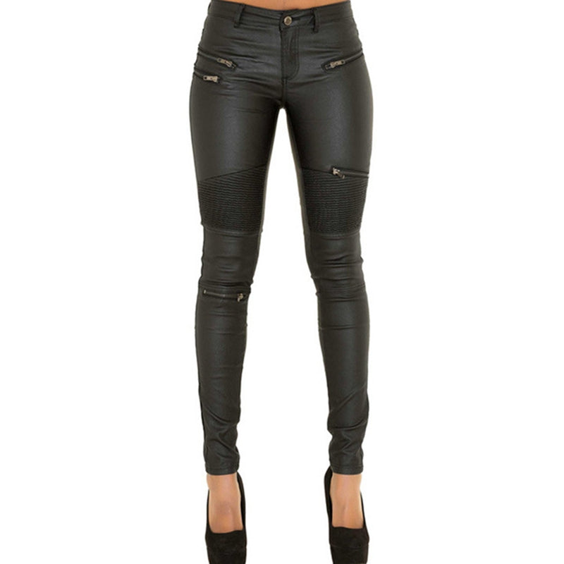 Sexy Women Faux Leather Bodycon Black Stretch  Zipper Pants