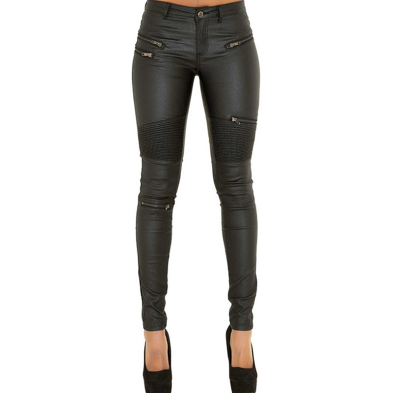 Sexy Women Faux Leather Bodycon Black Stretch Zipper Pants
