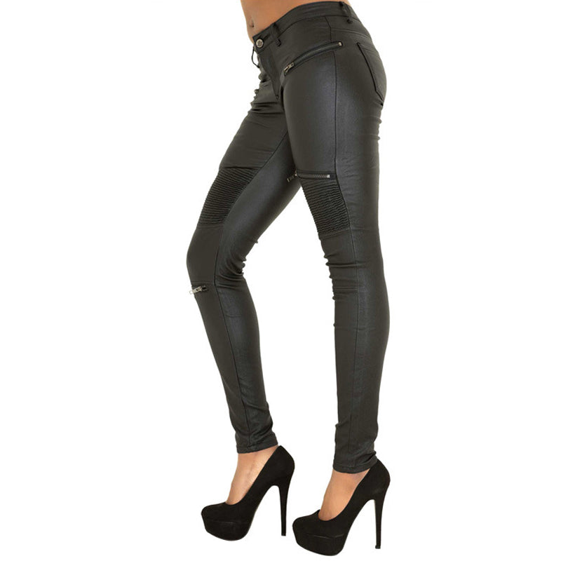 Sexy Women Faux Leather Bodycon Black Stretch  Zipper Pants