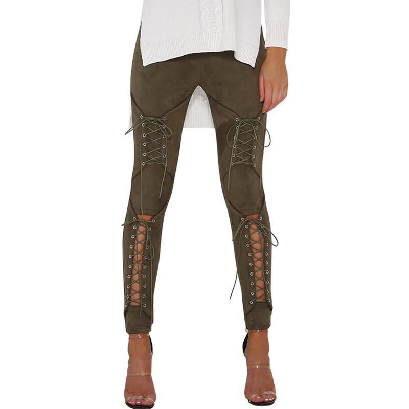 Suede Lace Up Pants Bandage Leggings