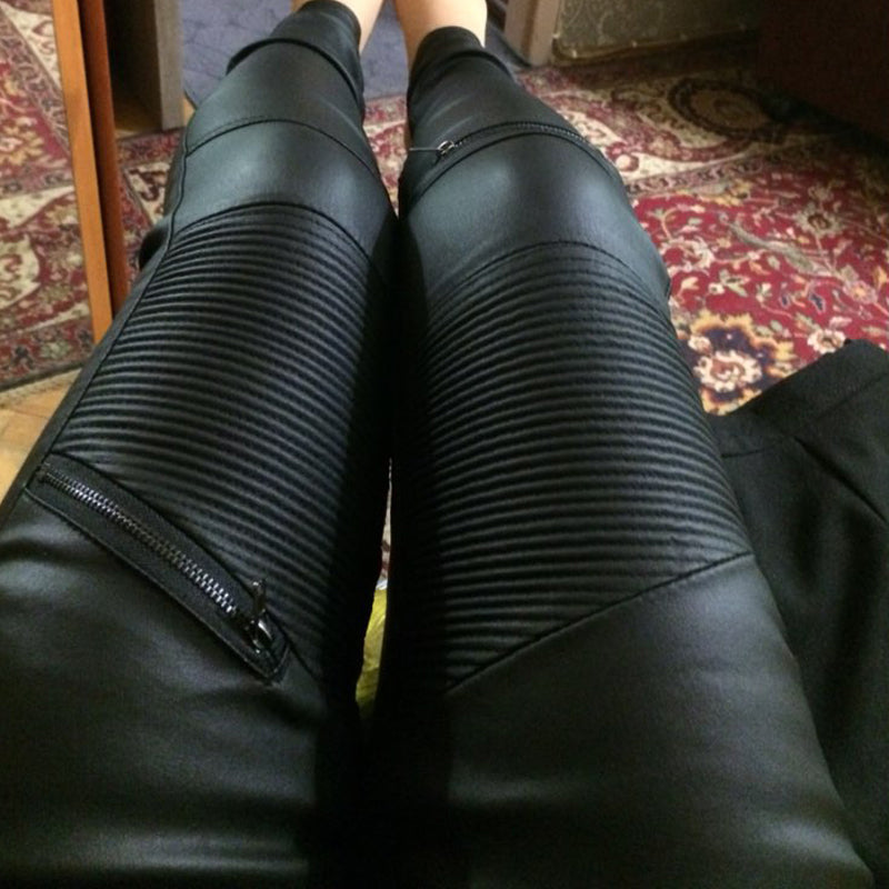 Sexy Women Faux Leather Bodycon Black Stretch  Zipper Pants
