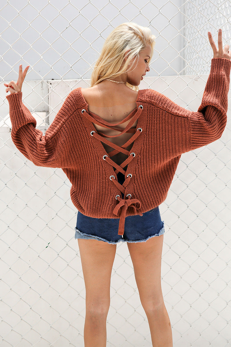 Sexy backless knitted lace up back sweater