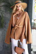 Elegant v neck Belted winter cape coat
