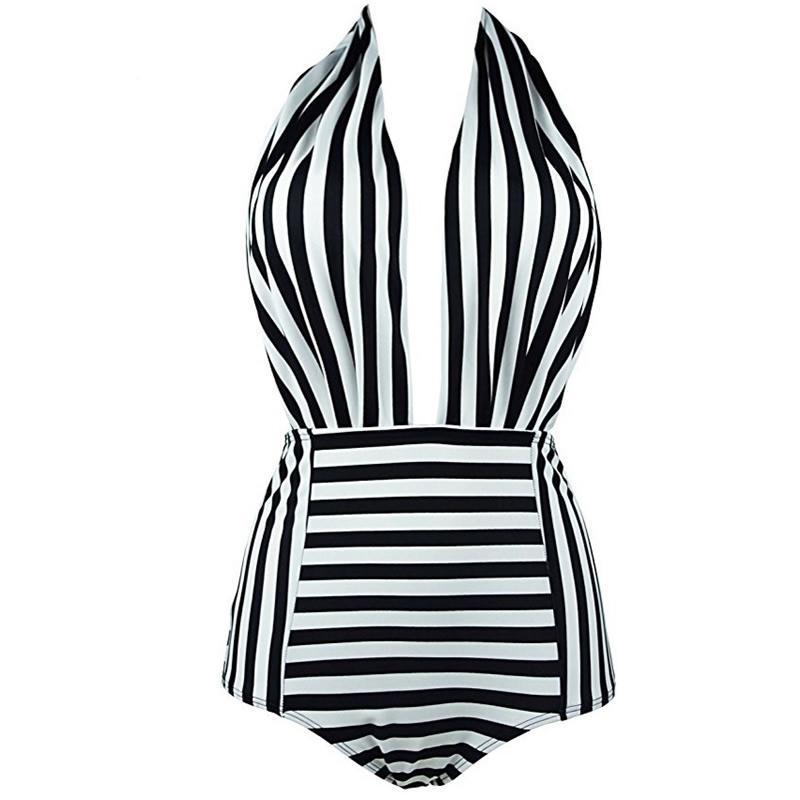 Sexy Halter Striped One Piece Swimsuit