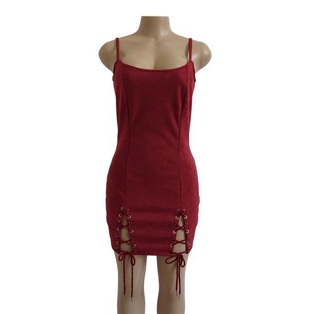 Spaghetti Strap Backless Lace-up Party Suede Bodycon Dress