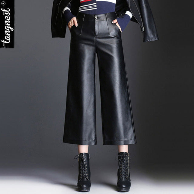 TANGNEST Women Casual PU Leather Wide Leg Pants 2017 Autumn Winter European High Waist Black Pantalon Femme WKN575